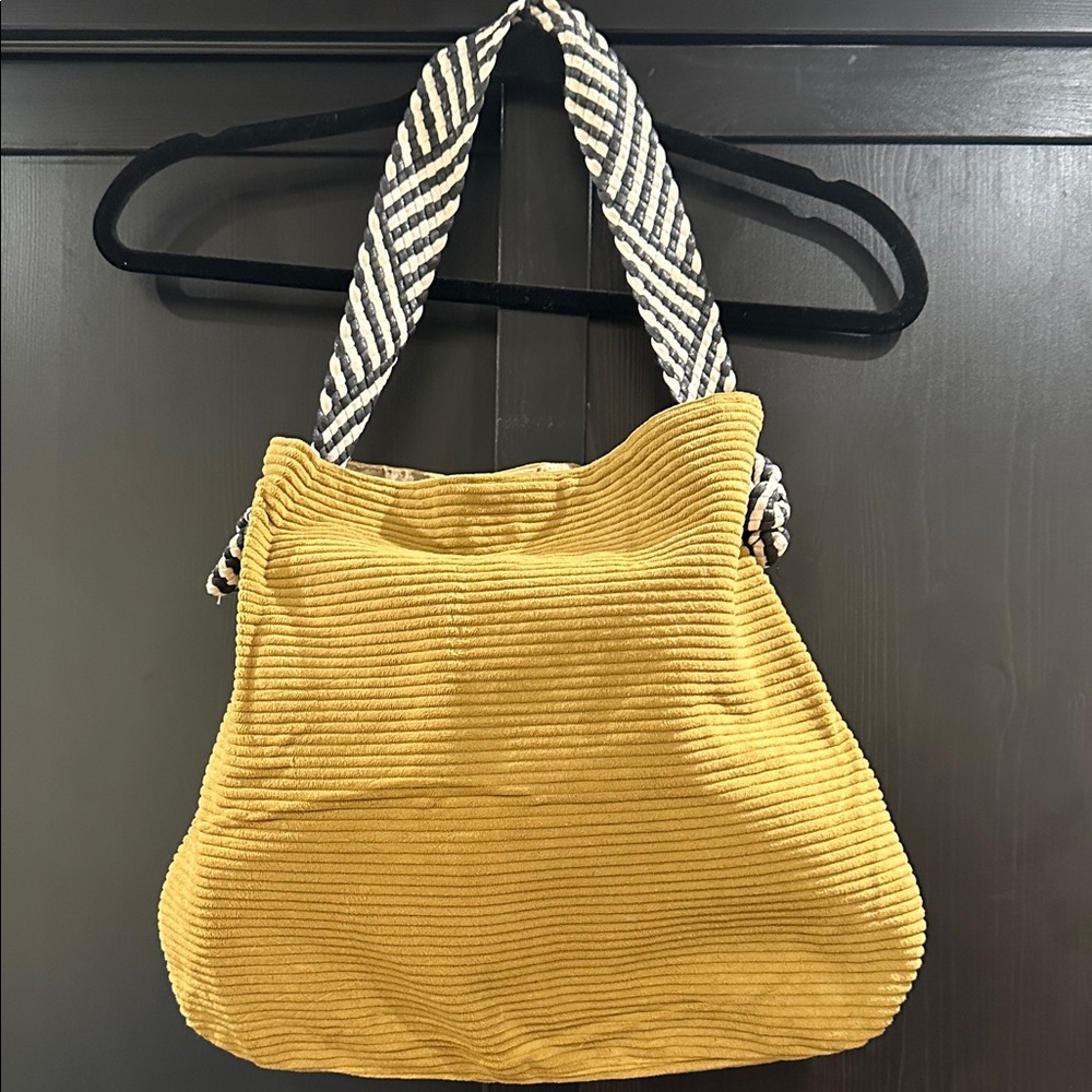 Yellow Corduroy Shoulder Bag with Striped Handles